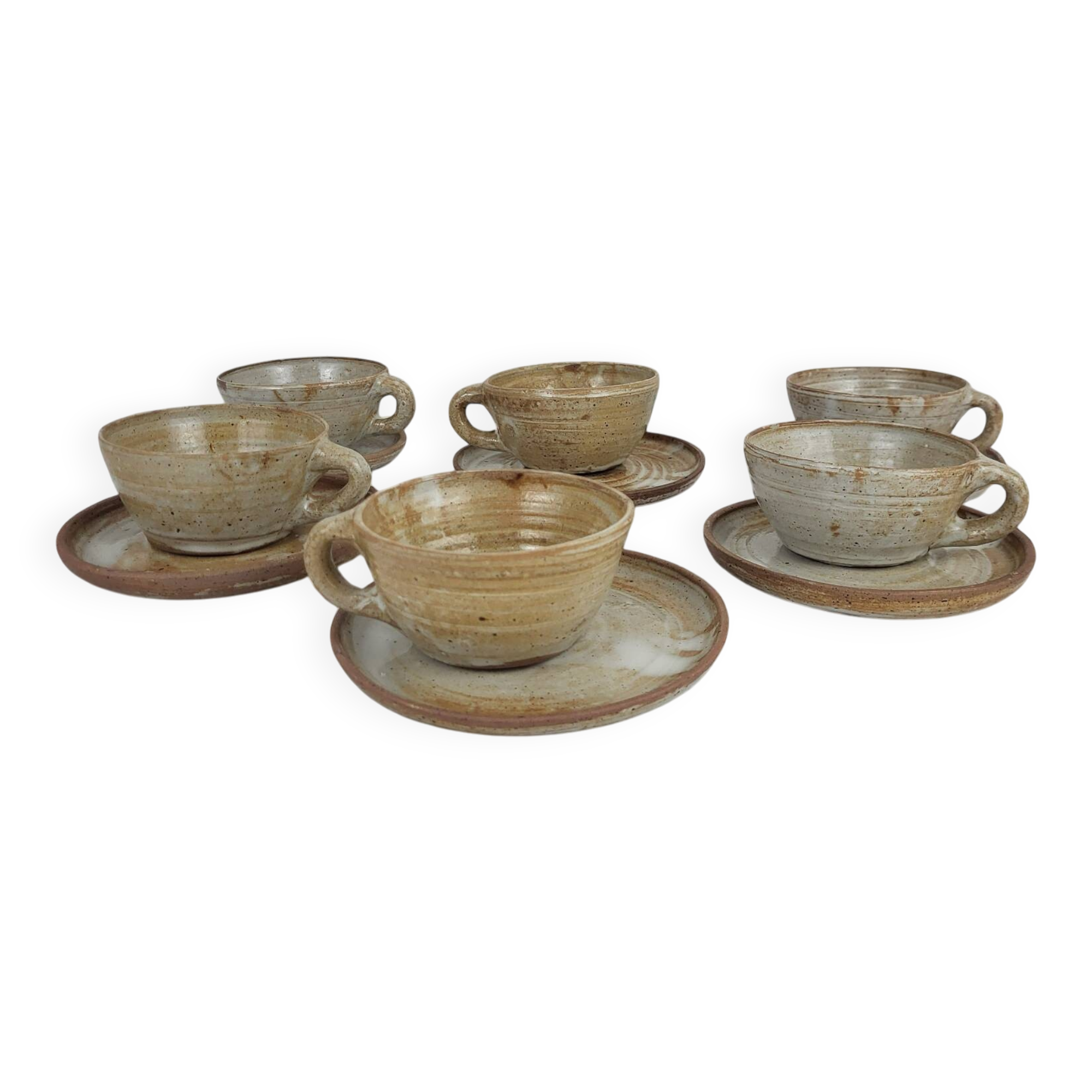 6 stoneware cups and saucers by Pierre Lion