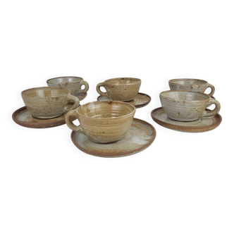 6 stoneware cups and saucers by Pierre Lion