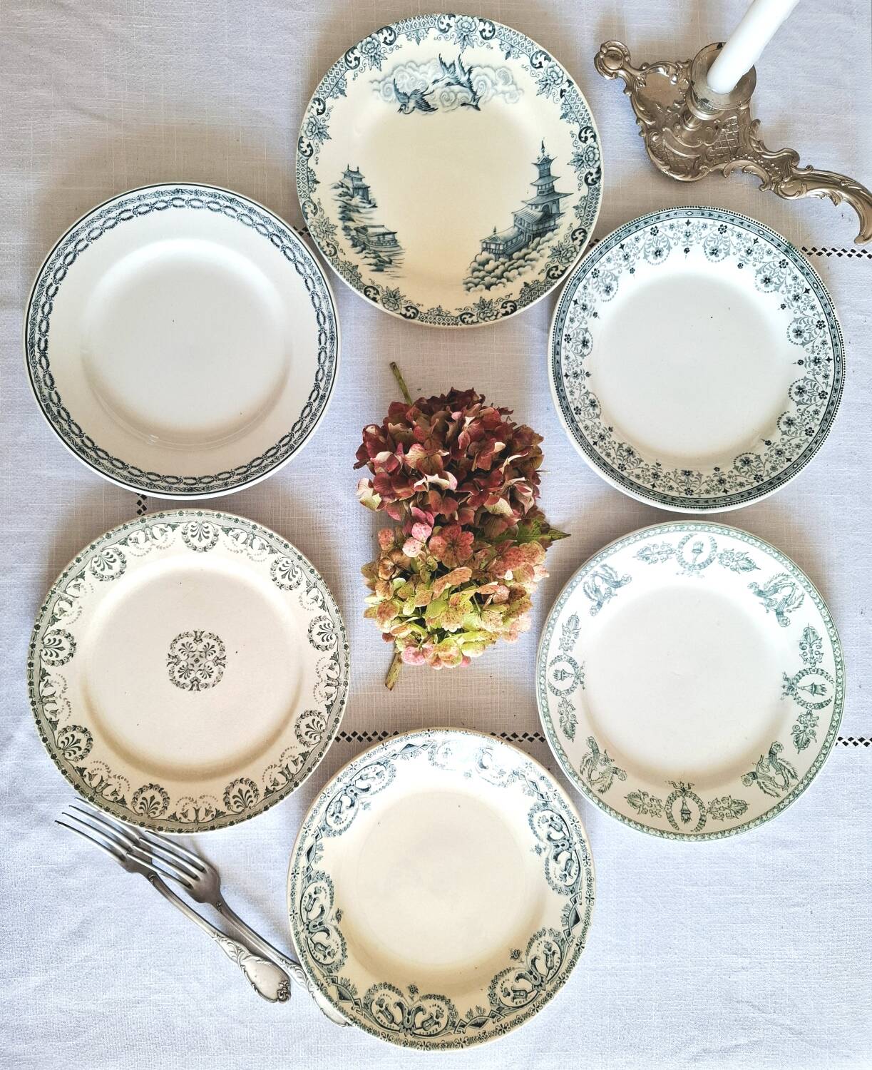 Mismatched antique ironstone earthenware plates