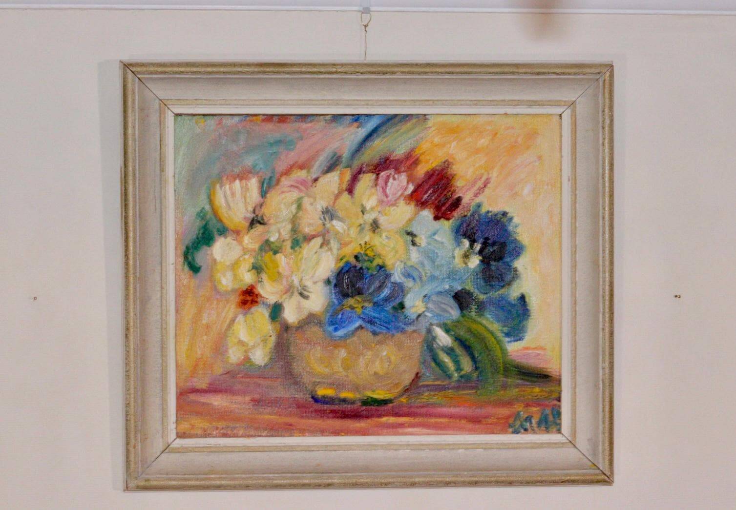 Original Swedish mid-century oil painting on panel "Flowers"