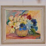 Original Swedish mid-century oil painting on panel "Flowers"
