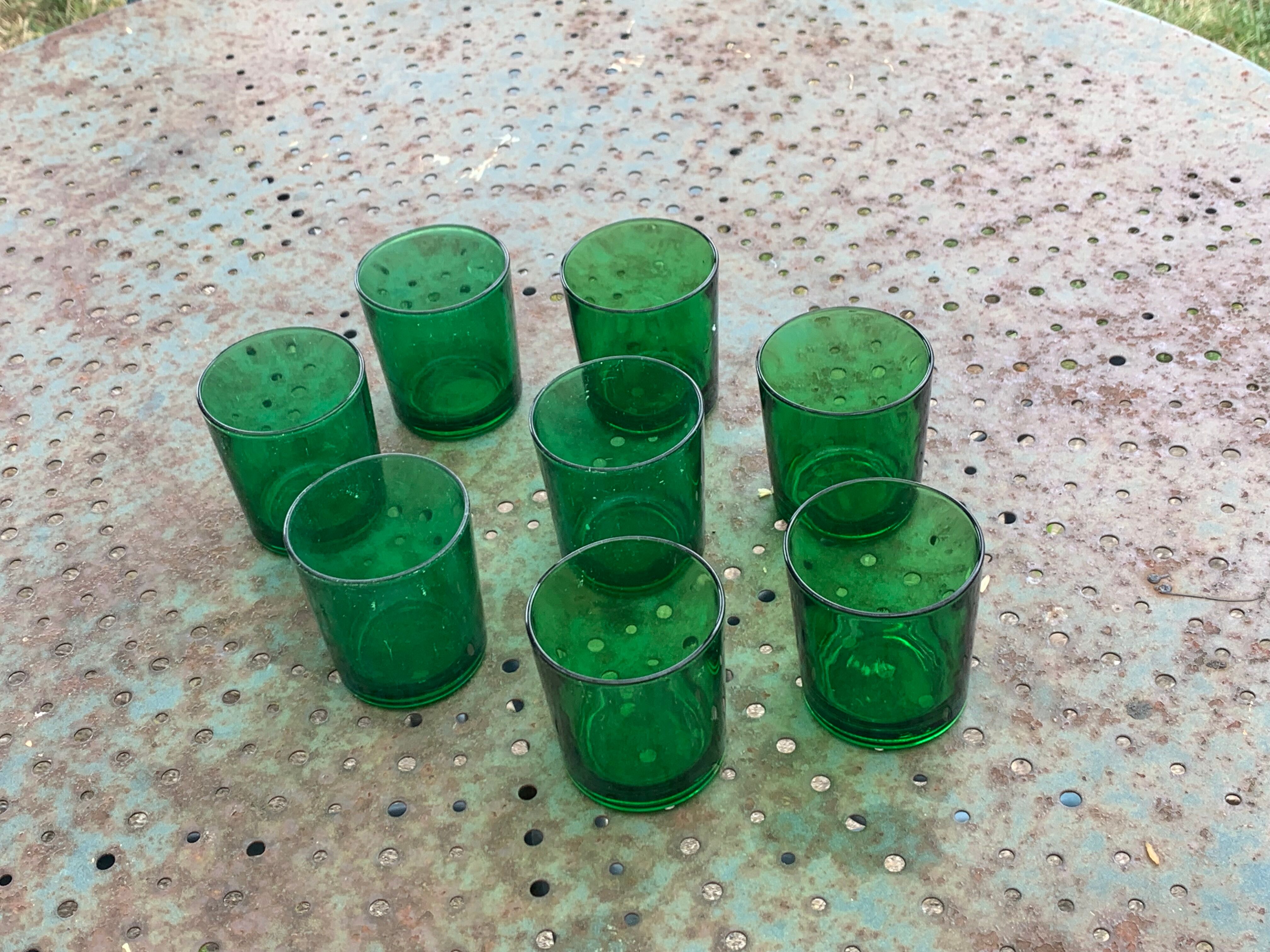 8 glasses of water or wine, straight, in green glass, cups, stamps chantovent vin de pays france