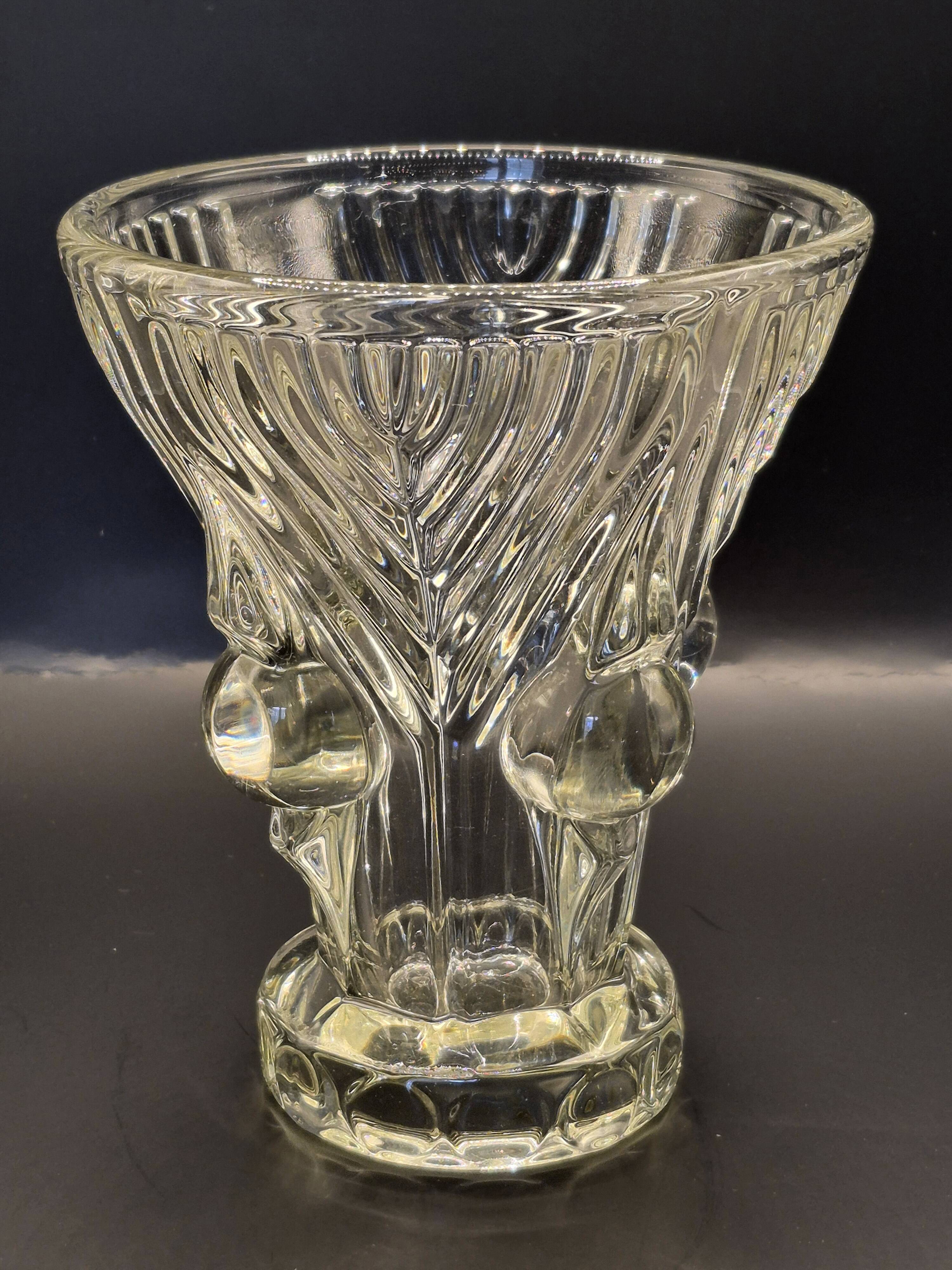 Vintage thick moulded glass/crystal vase Sculptural design Art Deco