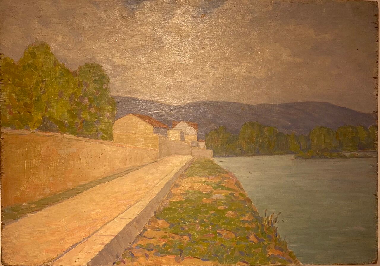 Tableau ancien, double face, paysage bord de Saône, début XX siècle