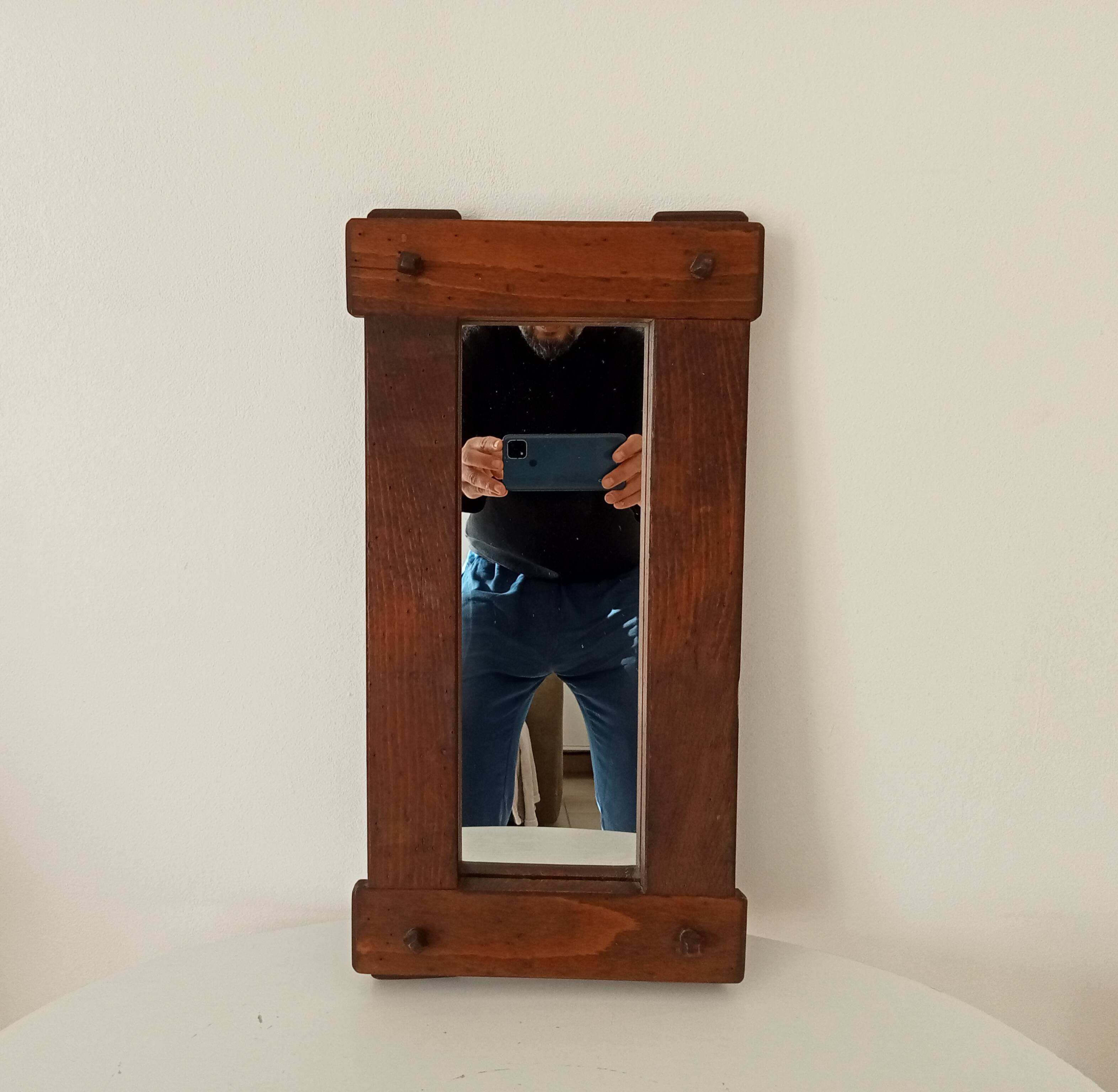 Miroir brutaliste vintage en chêne massif