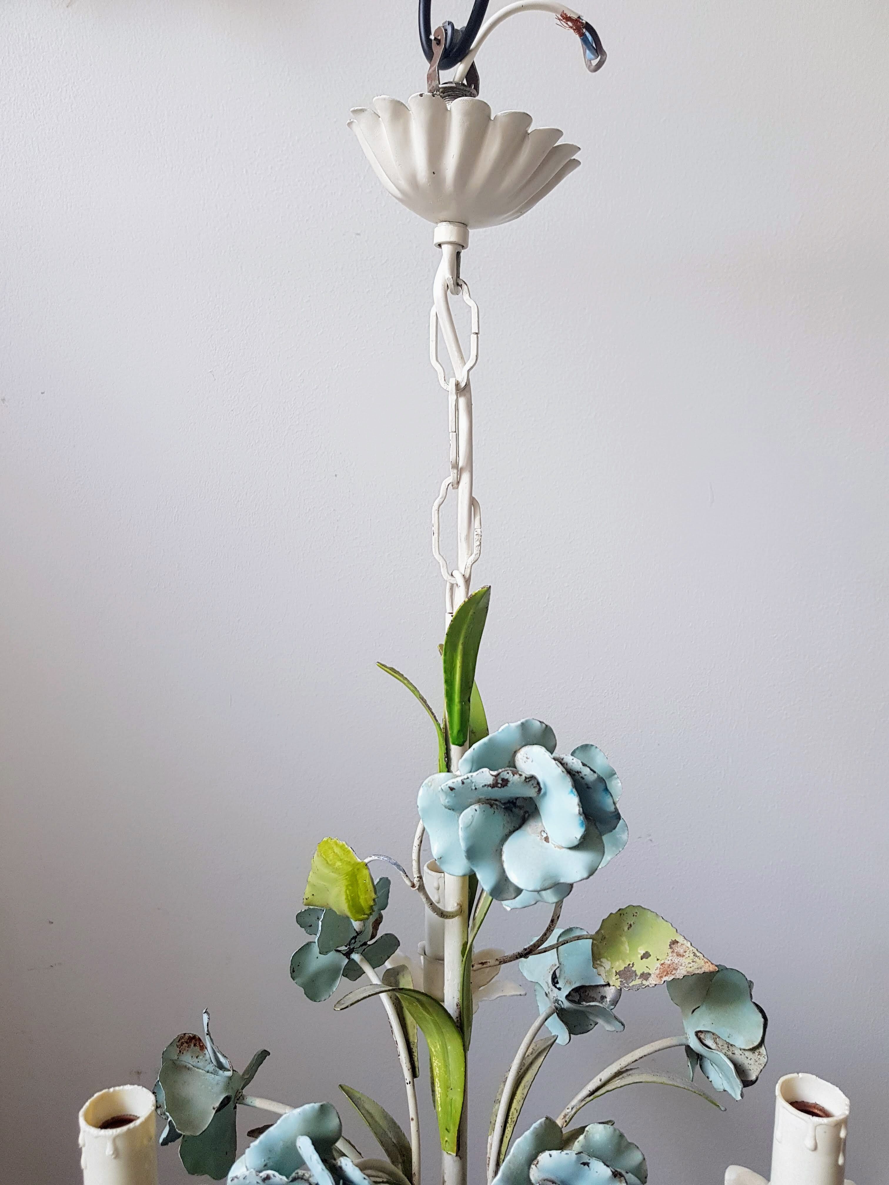 Vintage tole chandelier with light blue roses 1960s