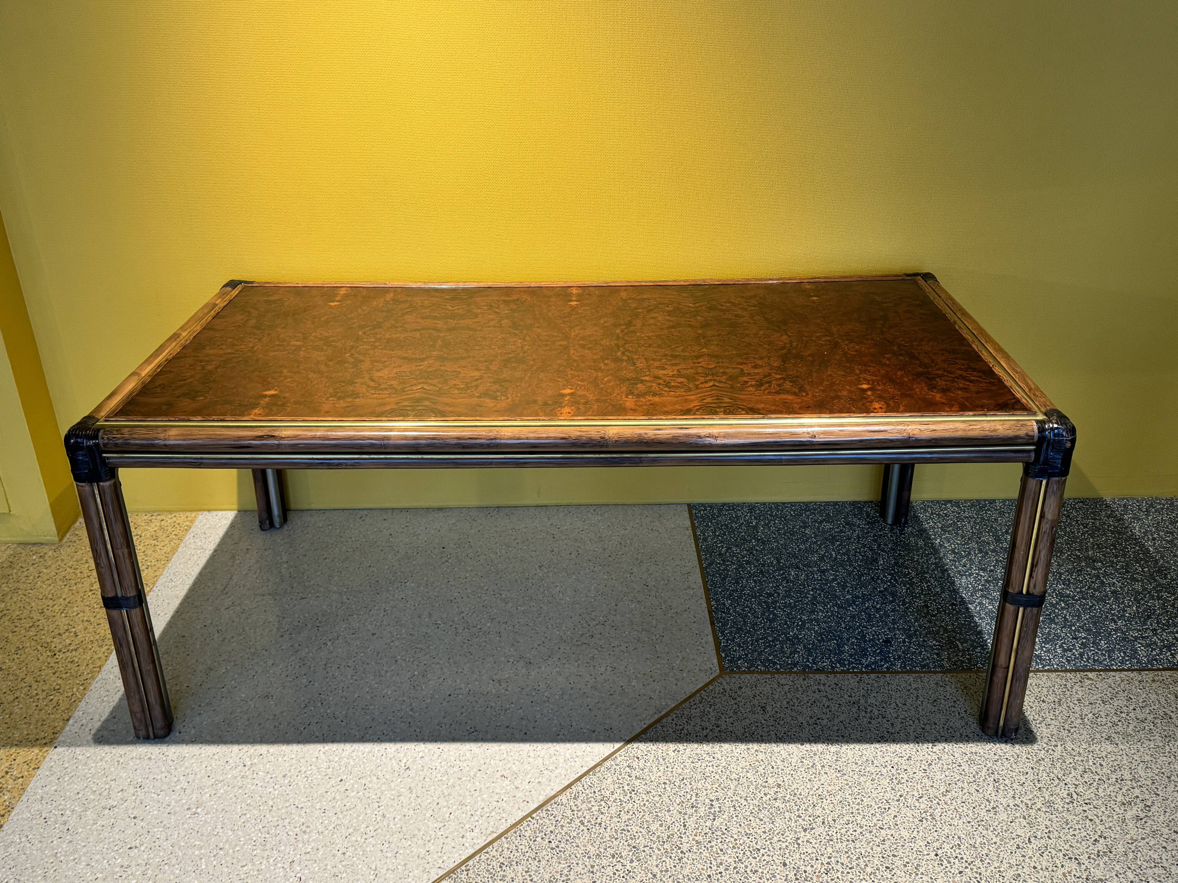 Bamboo And Burlwood Top Dining Table, Italy, 1970's