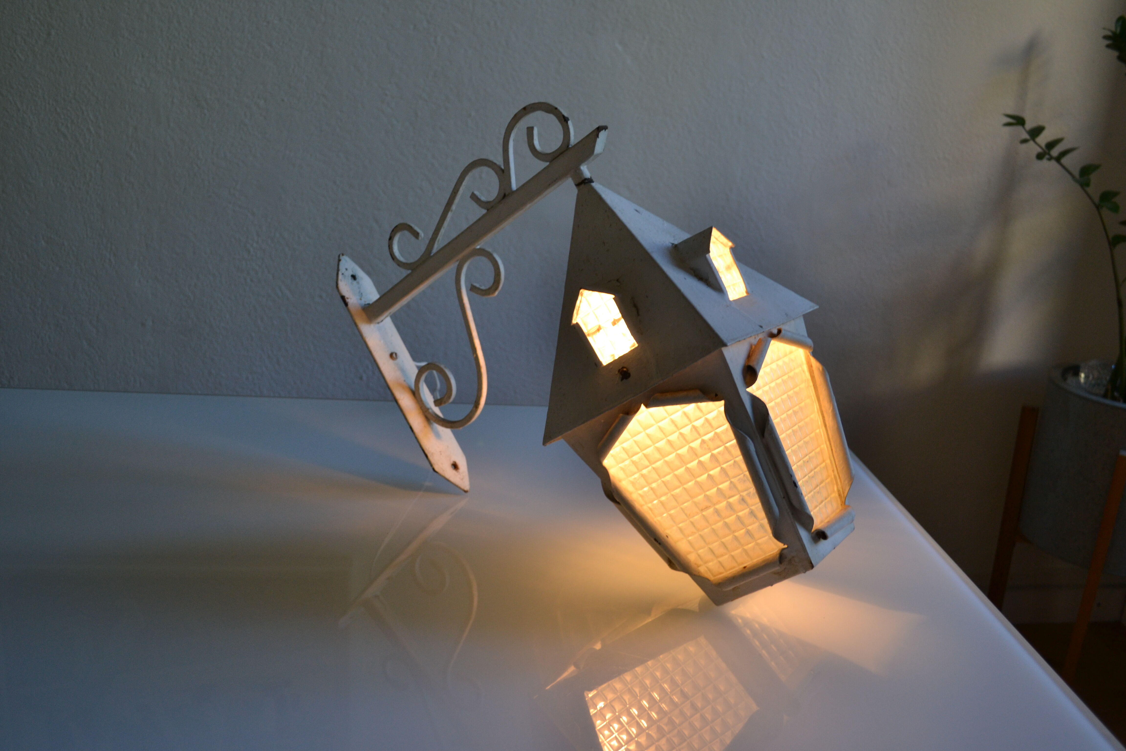 Vintage 1950 wall lamp lantern in wrought iron and glass