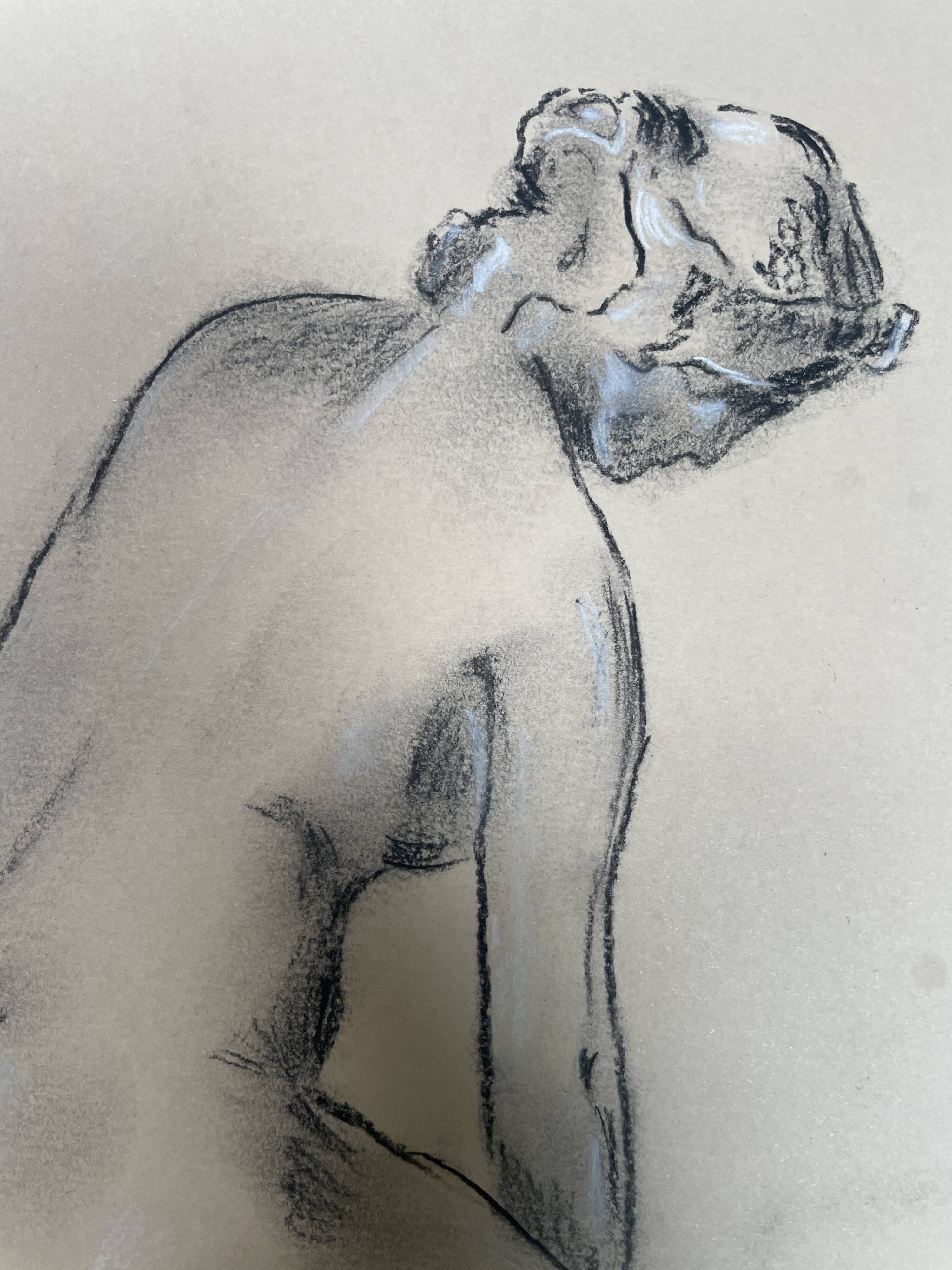 Charcoal drawing, study of a plaster statue of a woman, signed studio piece.