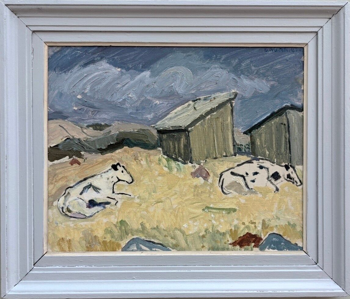 Mid 20th century "before the rain" swedish landscape animal cow oil painting, framed