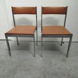Pair of vintage chrome metal & brown imitation leather chairs (70s)