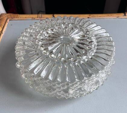 Pair of round vintage moulded glass ceiling lights.