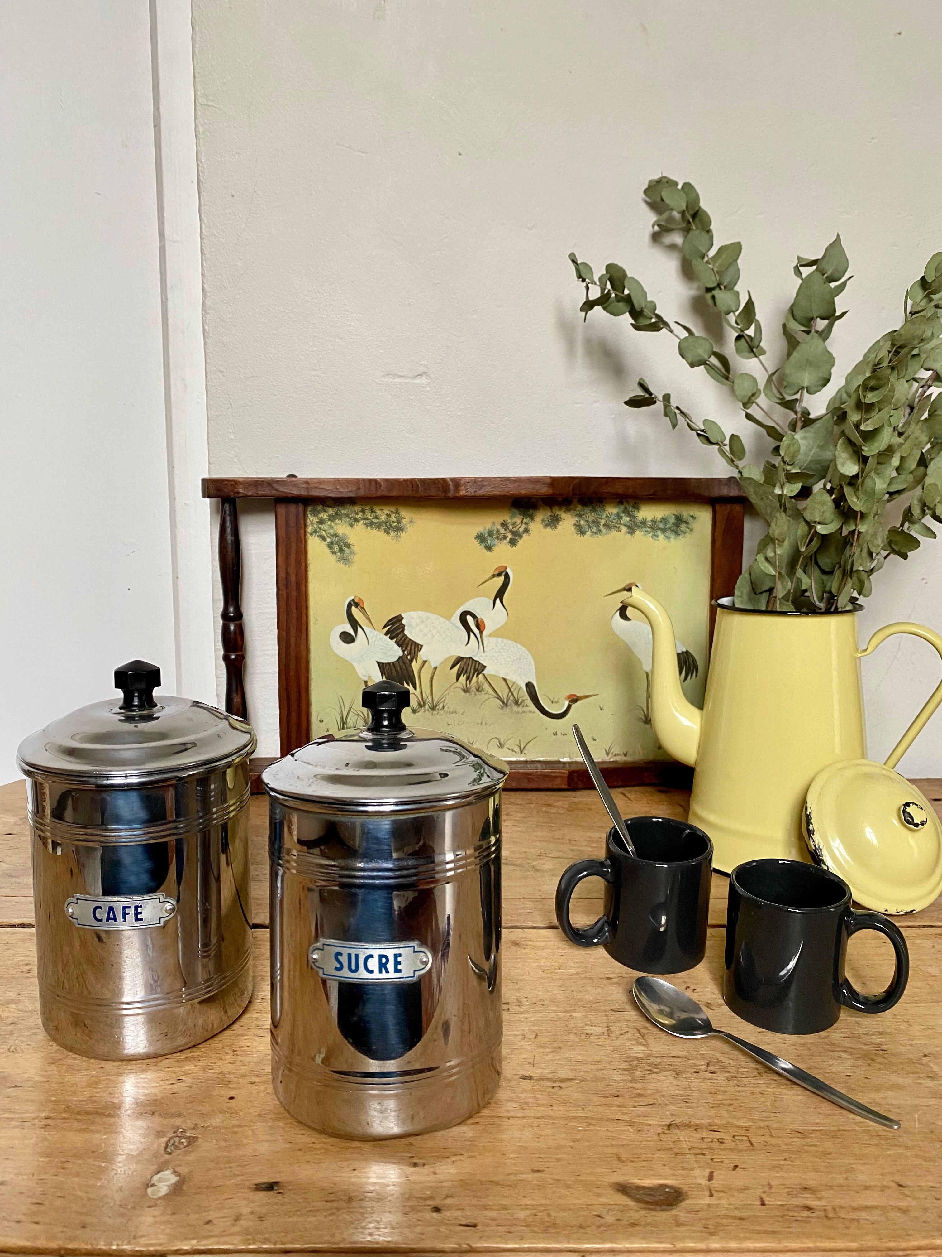 Set of two chrome-plated copper coffee/sugar jars stamped
