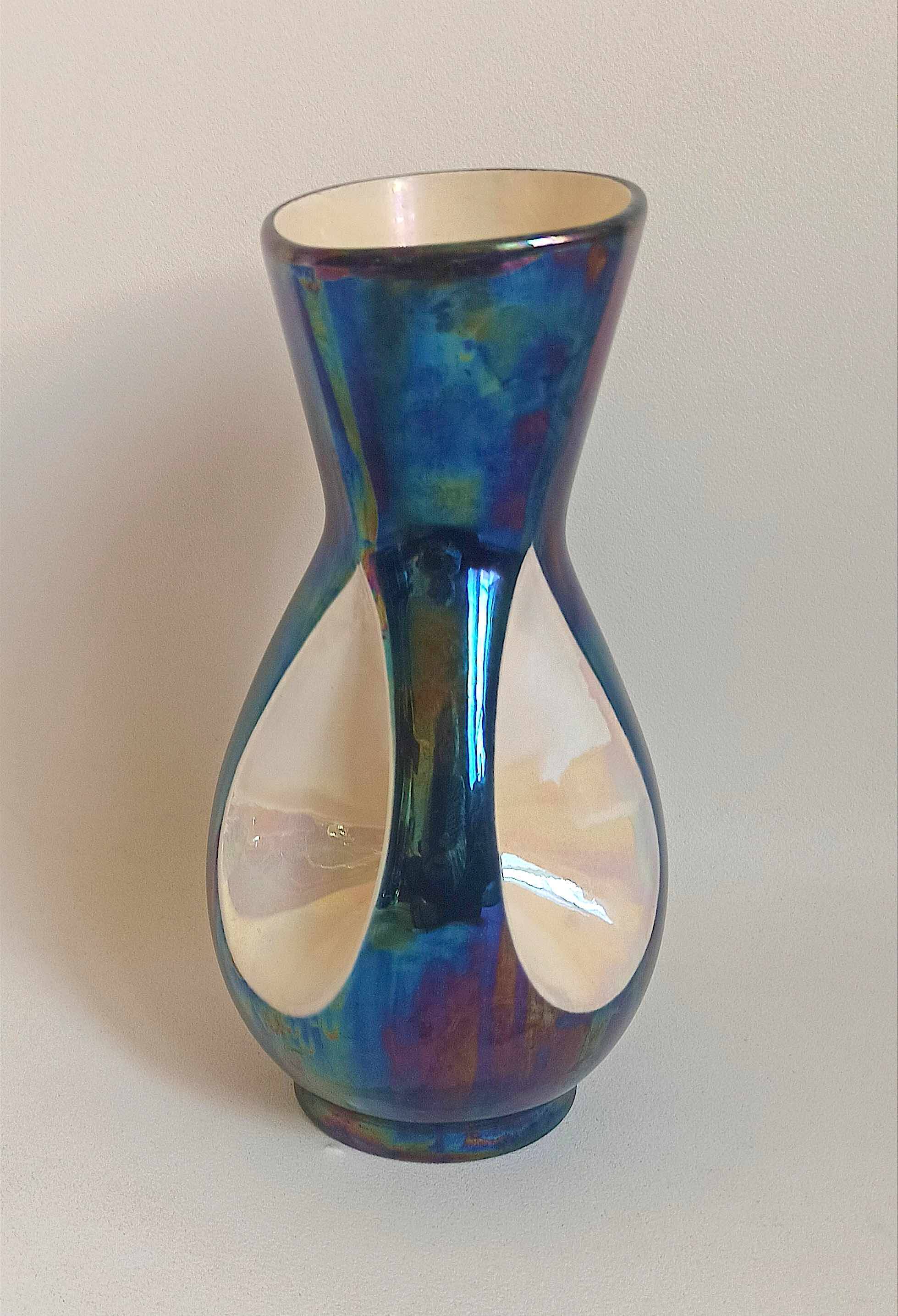 Verceram vase iridescent blue ceramic 60s Height 26,7 cm