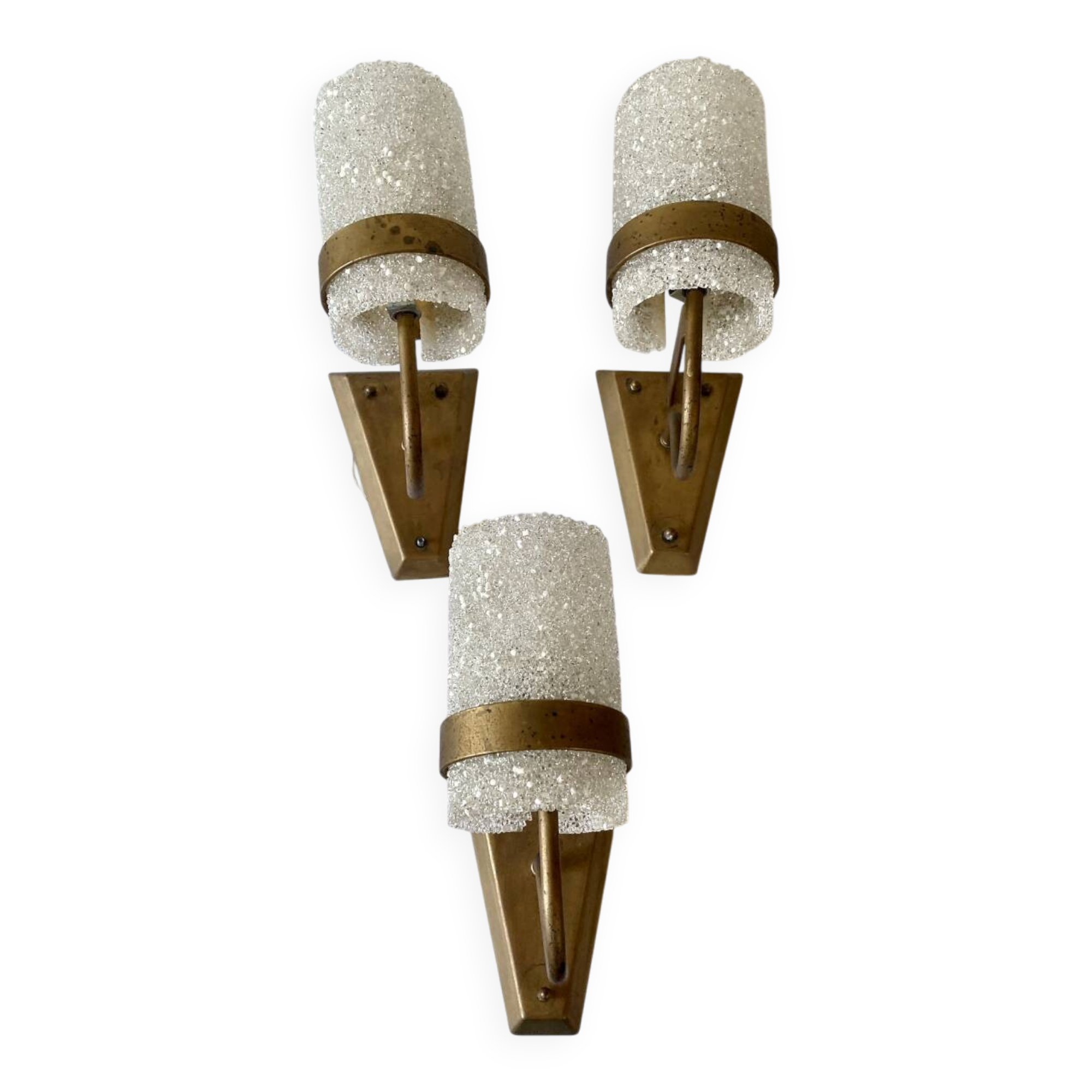 Set of three wall sconces in gold metal and ice effect Perspex, 1960-70.