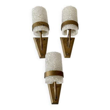 Set of three wall sconces in gold metal and ice effect Perspex, 1960-70.