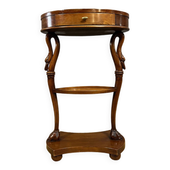 Oval pedestal table in mahogany-style stained wood with two swan-neck legs Empire Style circa 1950