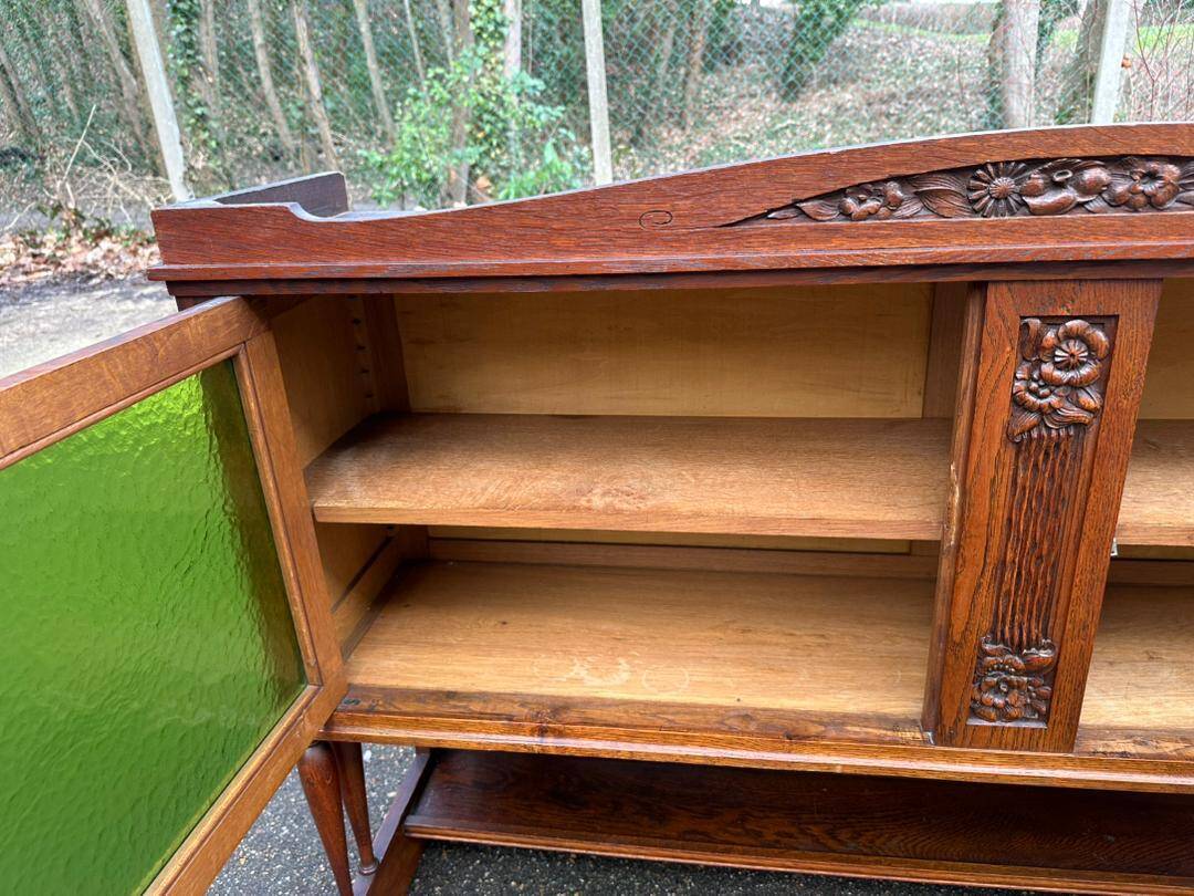 Art Deco sideboard in solid oak and frosted green glass, 1940.