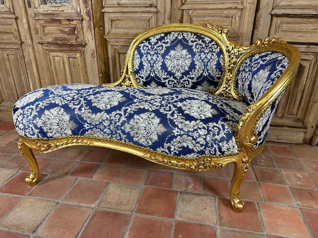 Méridienne/Chaise longue Louis XV dorée - Style Napoléon III