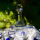 Rare liqueur service (with carafe of whiskey and small glasses) with blue and yellow borders