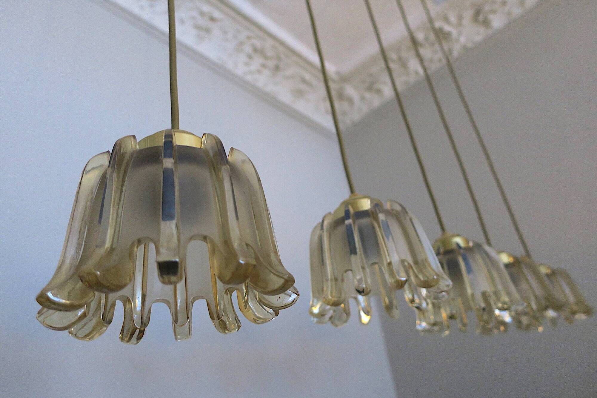 Set of 5 Doria  pendant lights in brass and amber-coloured glass, 1960s