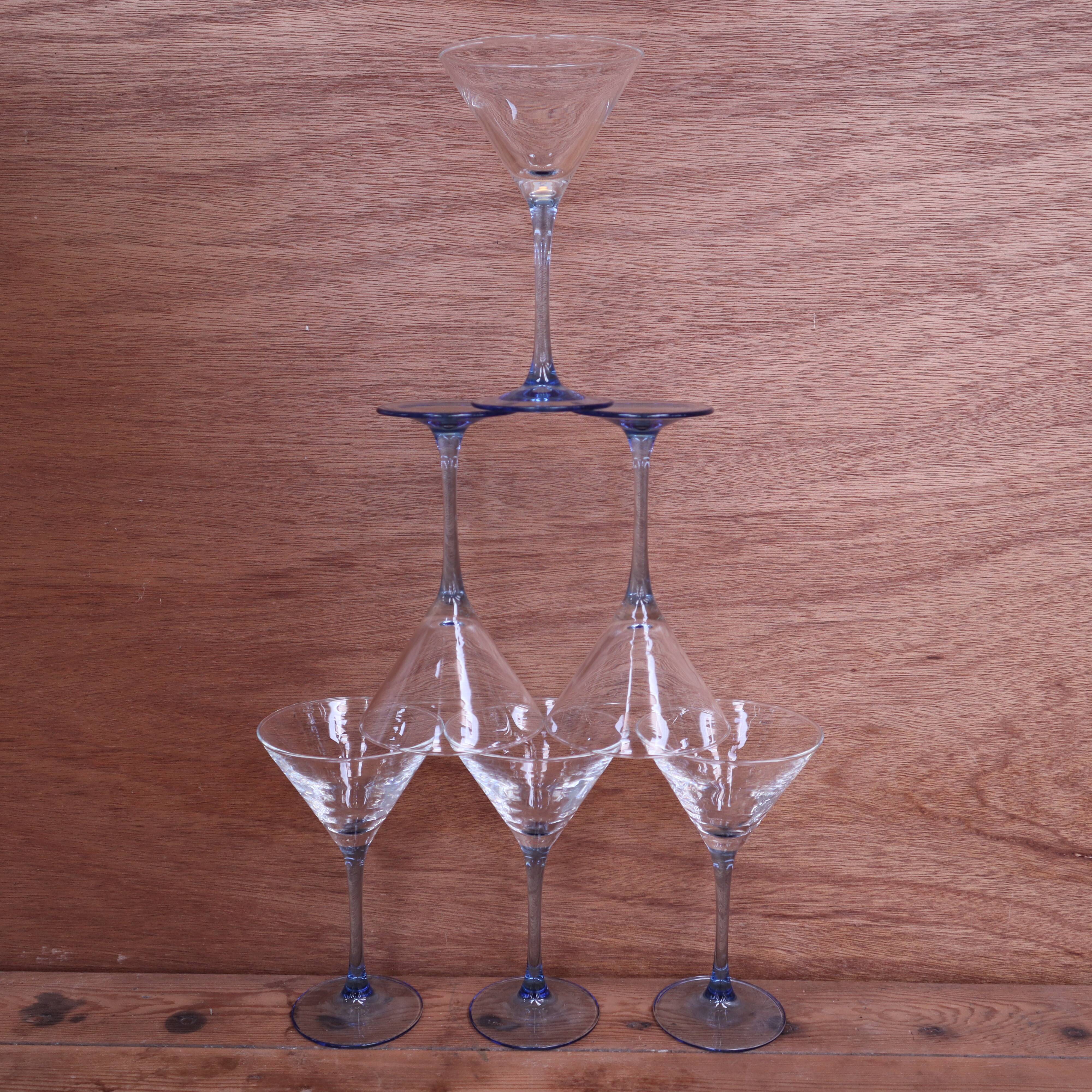 6 Luminarc cocktail glasses with azure blue stems.