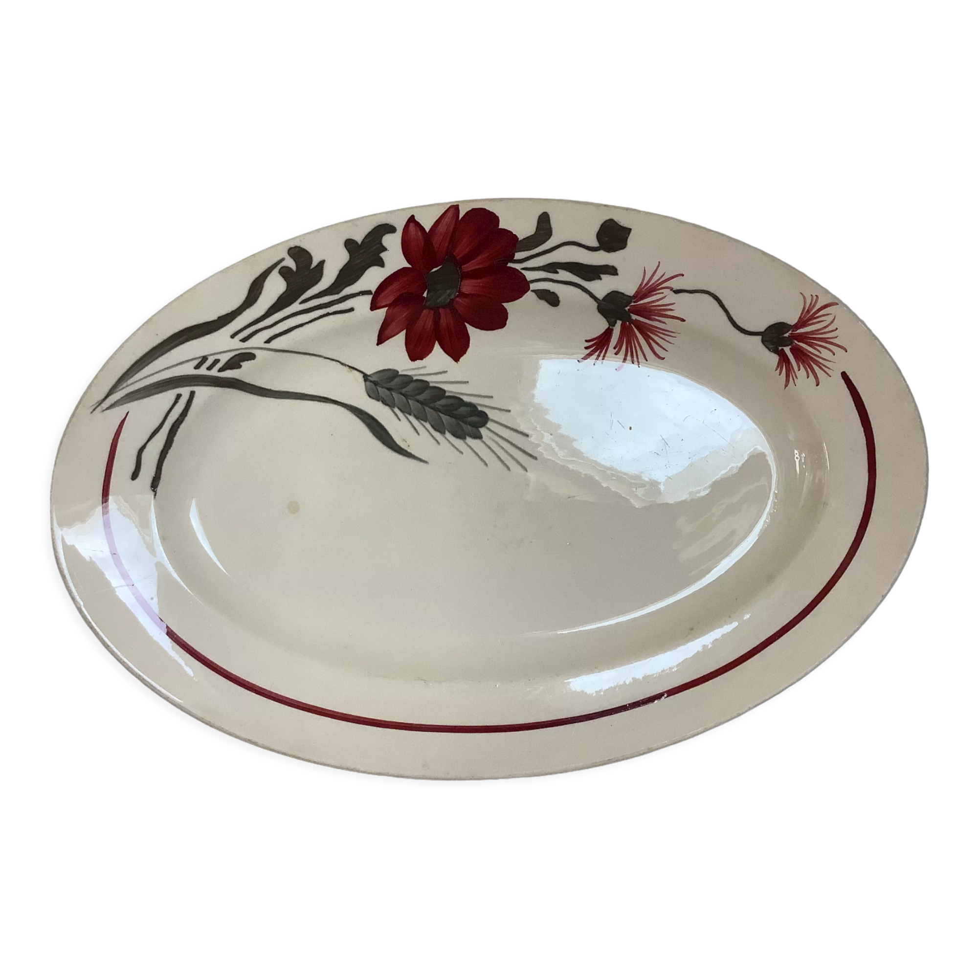 Earthenware dish with garnet flowers, Artois Sarreguemines model