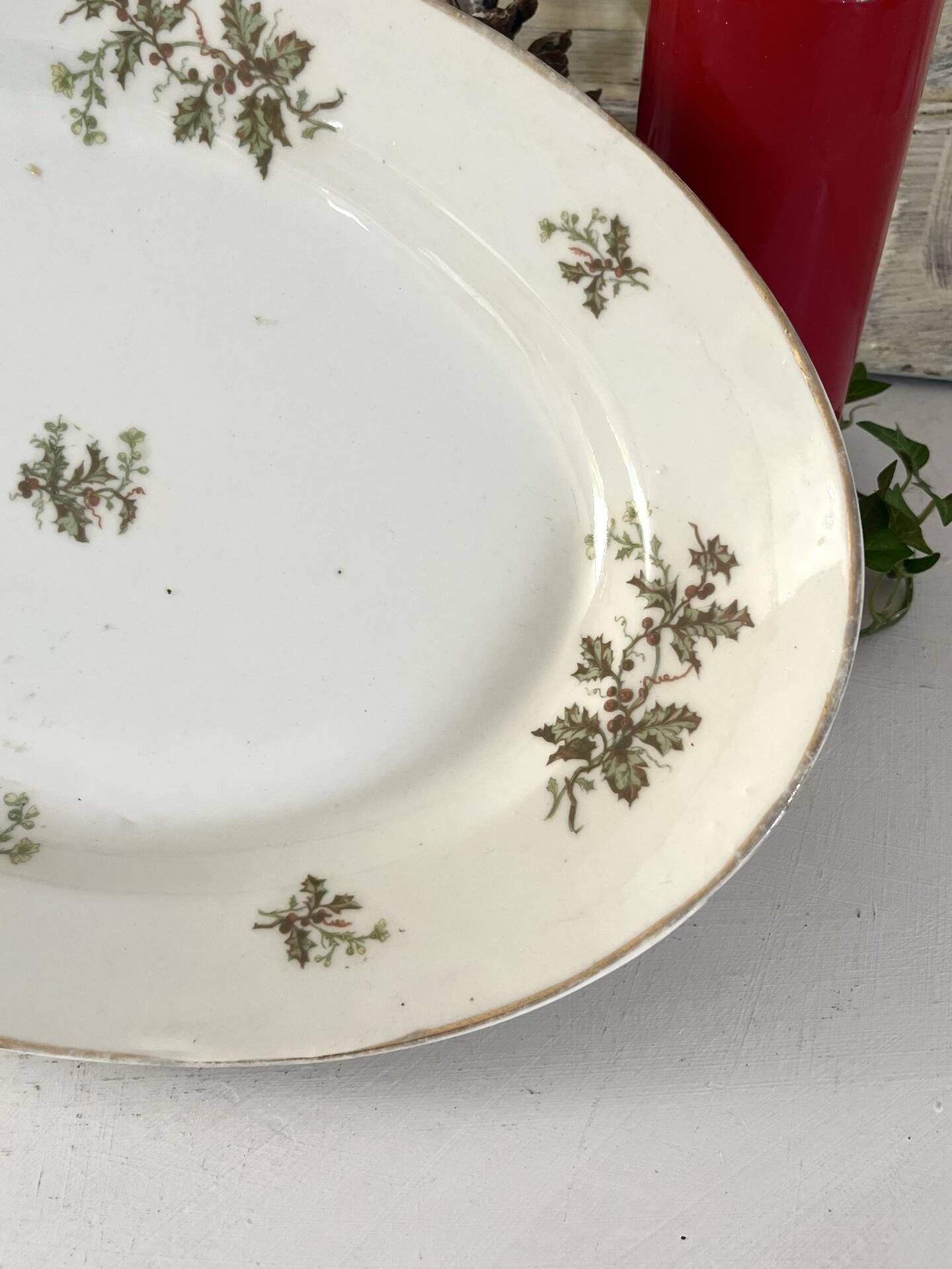 Vintage French Holly Deep Platter, Christmas Serving Dish, Large Oval