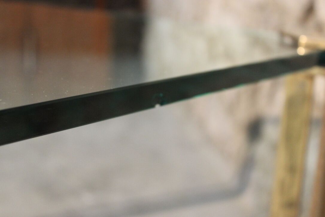 Vintage square coffee table in glass and brass by Peter Ghyzcy