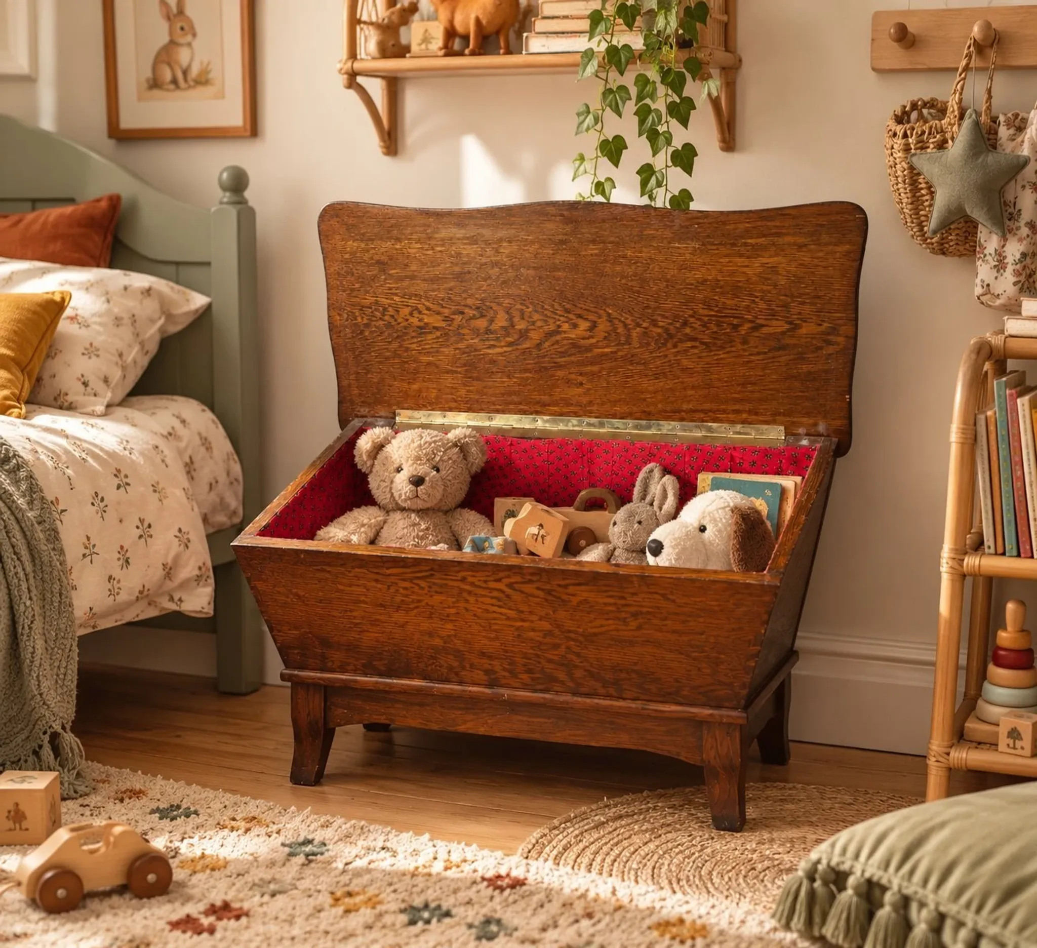 English oak Arts & Crafts chest – sabre legs, red lining