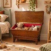 English oak Arts & Crafts chest – sabre legs, red lining