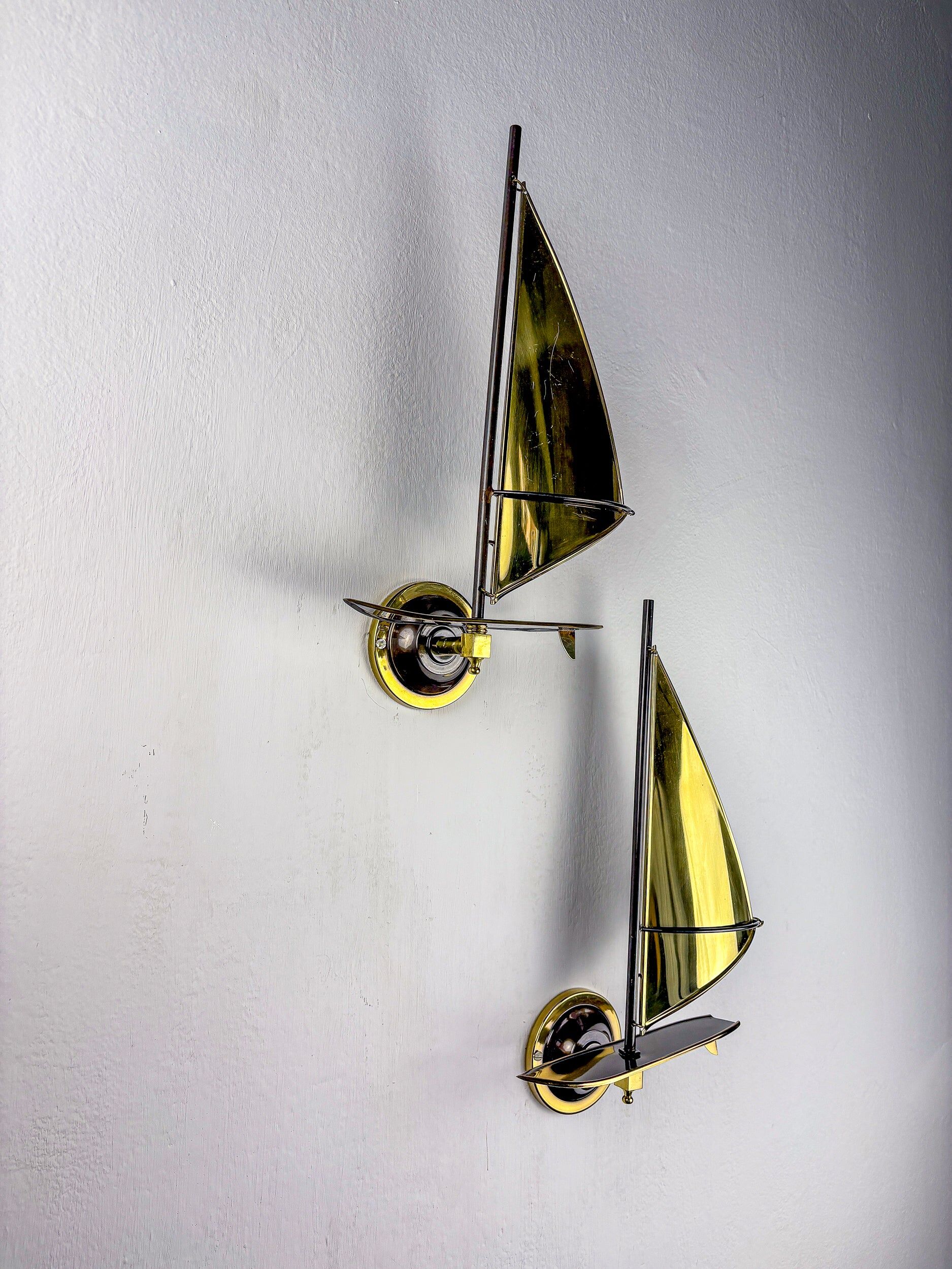 Pair of midcentury brass "sailboats" wall sconces, Italy 1960s