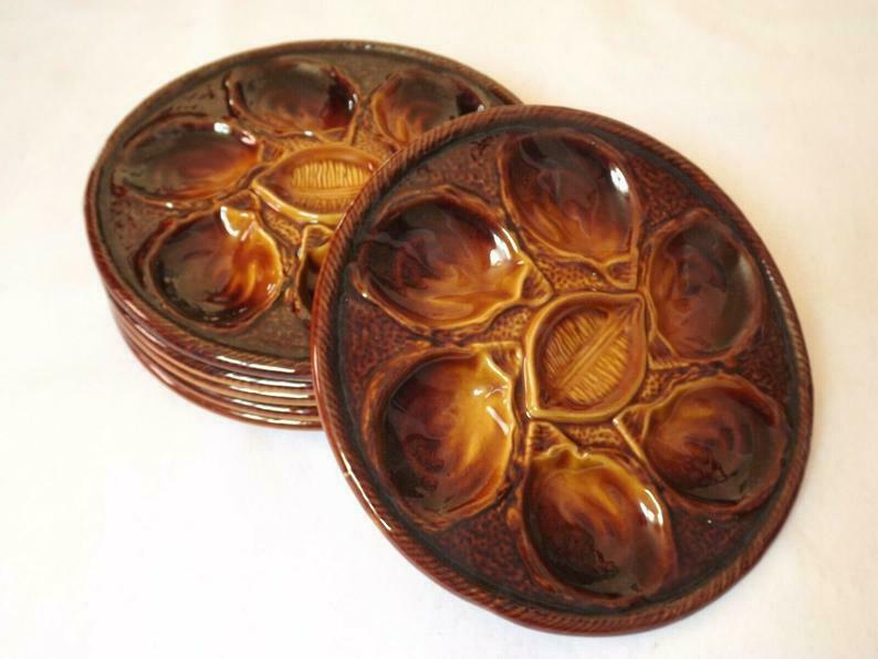 Set of 6 vintage French majolica oyster plates by St Clements France.