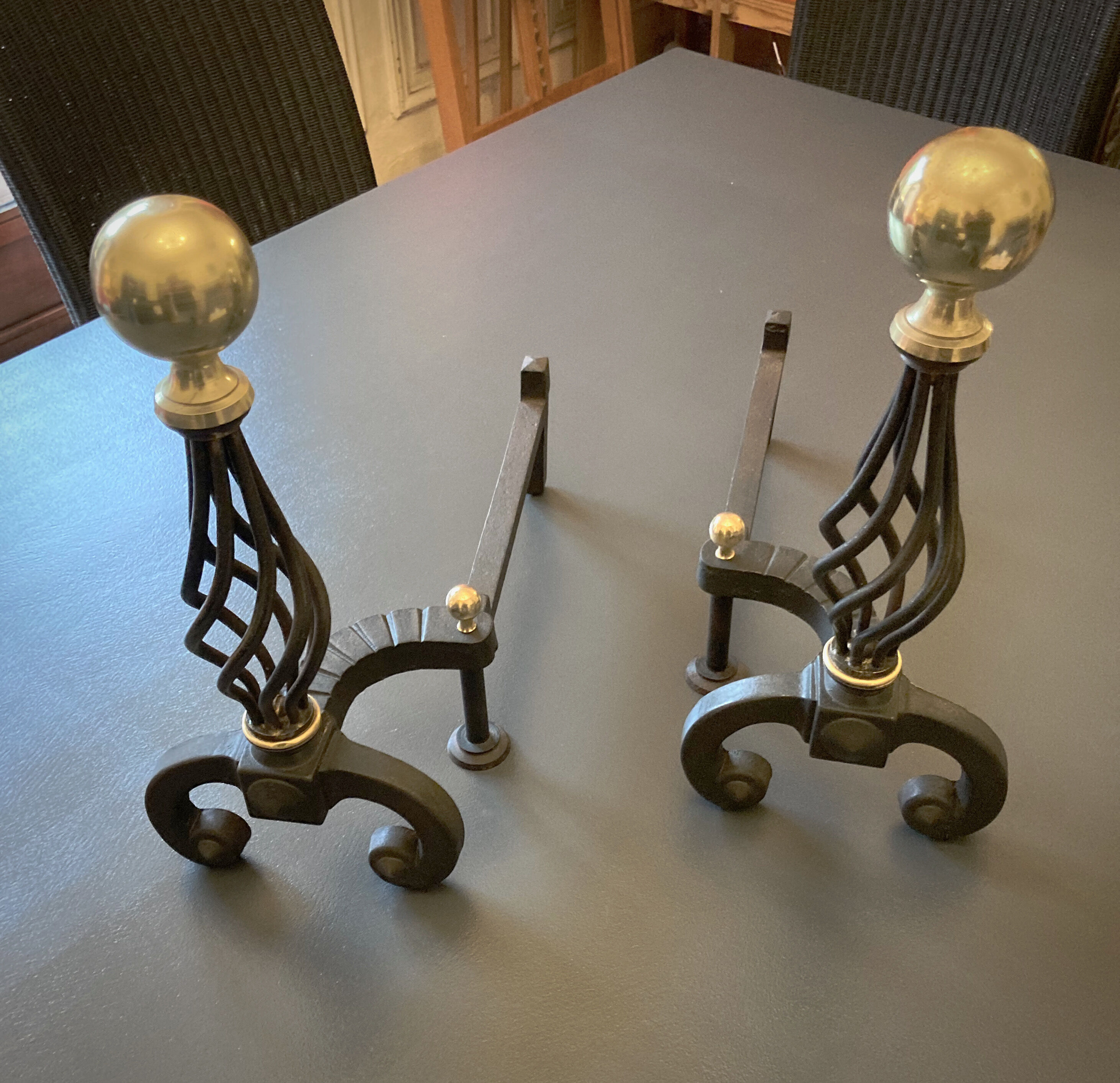 Chenets modernist bronze and cast iron