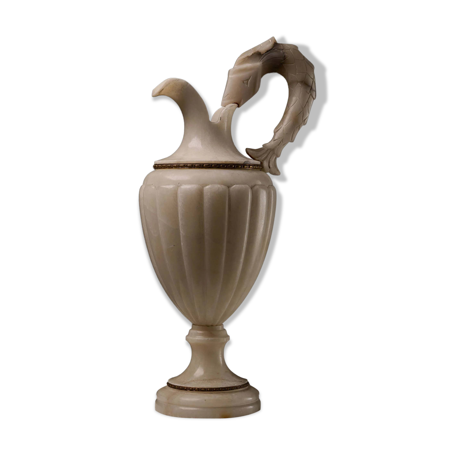 Carved alabaster urn lamp with stylized fish handle