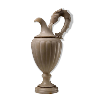 Carved alabaster urn lamp with stylized fish handle