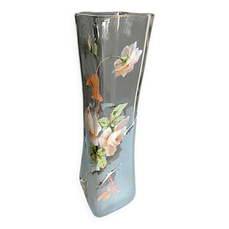 Antique glass vase decorated with roses and enamelled leaves hand-painted