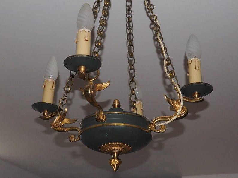 Vintage French Empire Swan Chandelier: Bronze Brass Toleware, C1950s
