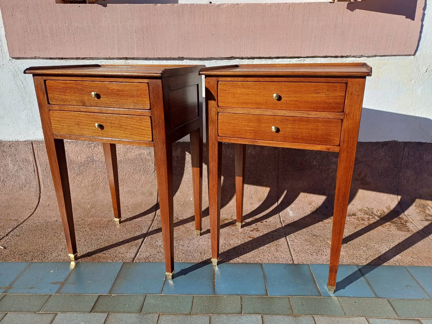 Pair of Louis XVI style oak bedside tables with 2 drawers and spindle legs