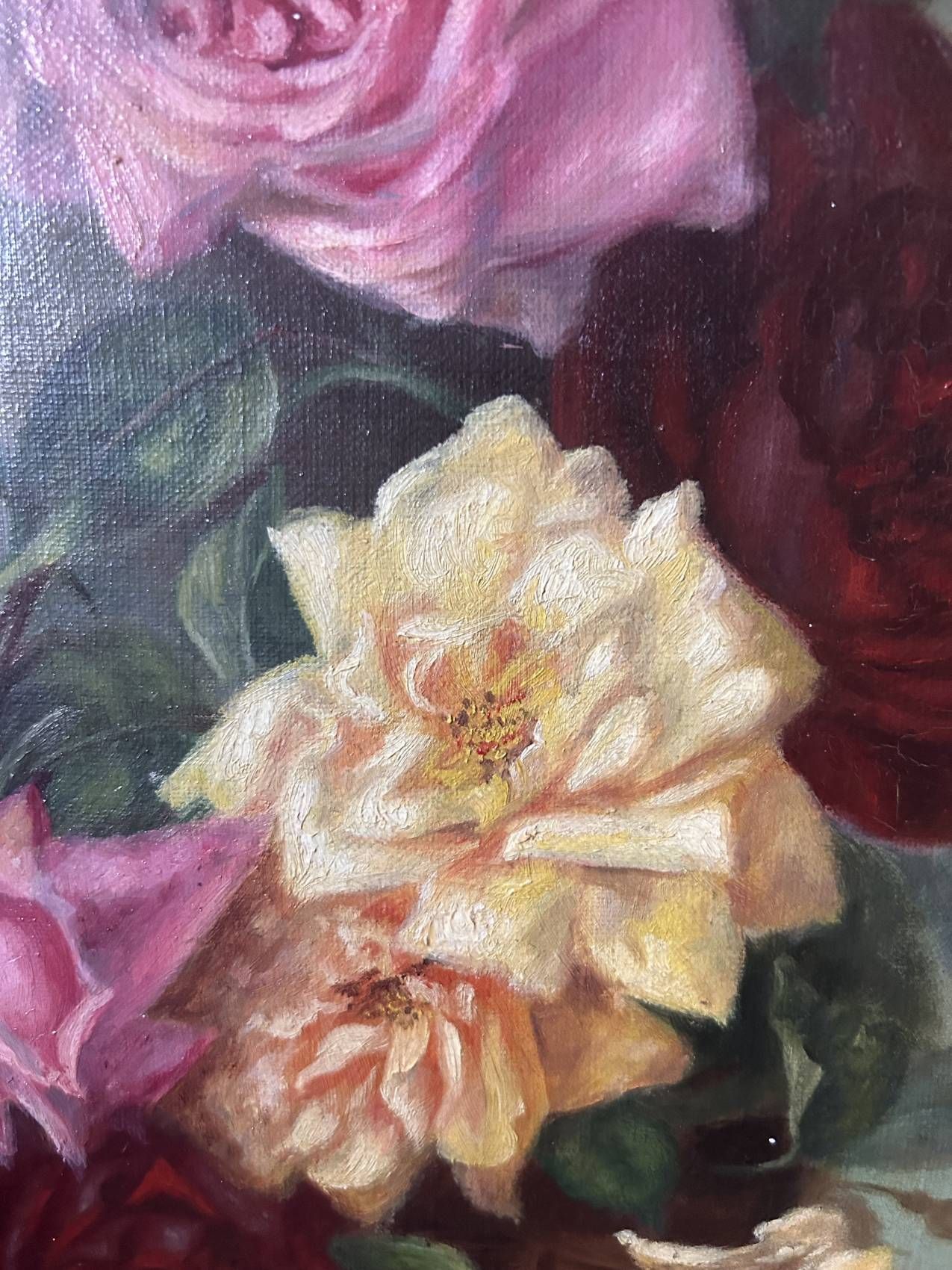 Large antique painting with roses – Oil on canvas from the 1900s – 40 x 102 cm – a large decorative format