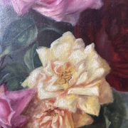 Large antique painting with roses – Oil on canvas from the 1900s – 40 x 102 cm – a large decorative format