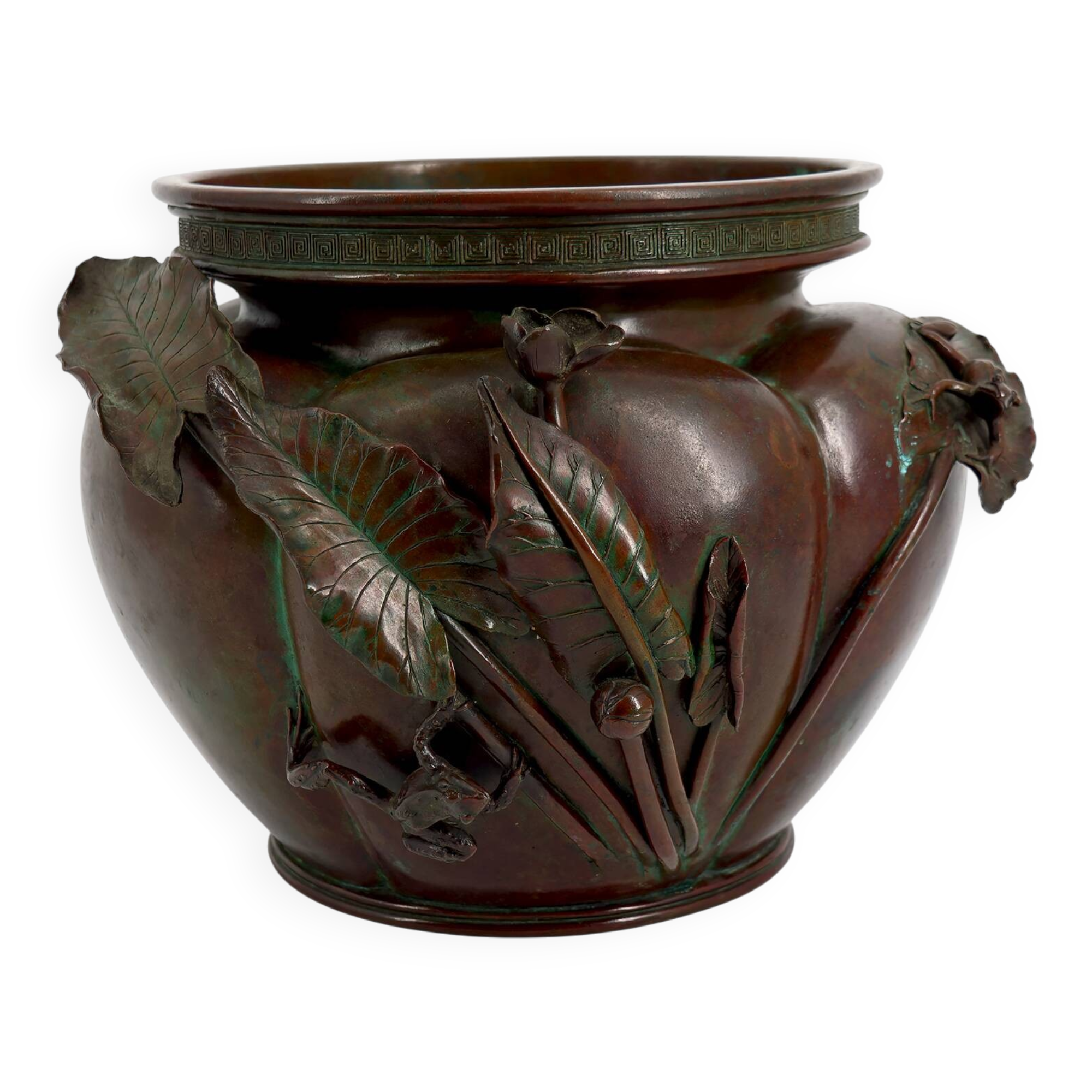 Exceptional planter / cache-pot in patinated Japanese bronze circa 1880.