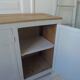 Vintage low sideboard with 3 doors, pearl gray patina, wooden top.