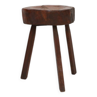 Mid-century wooden tripod stool with tree trunk seat, France ca. 1900