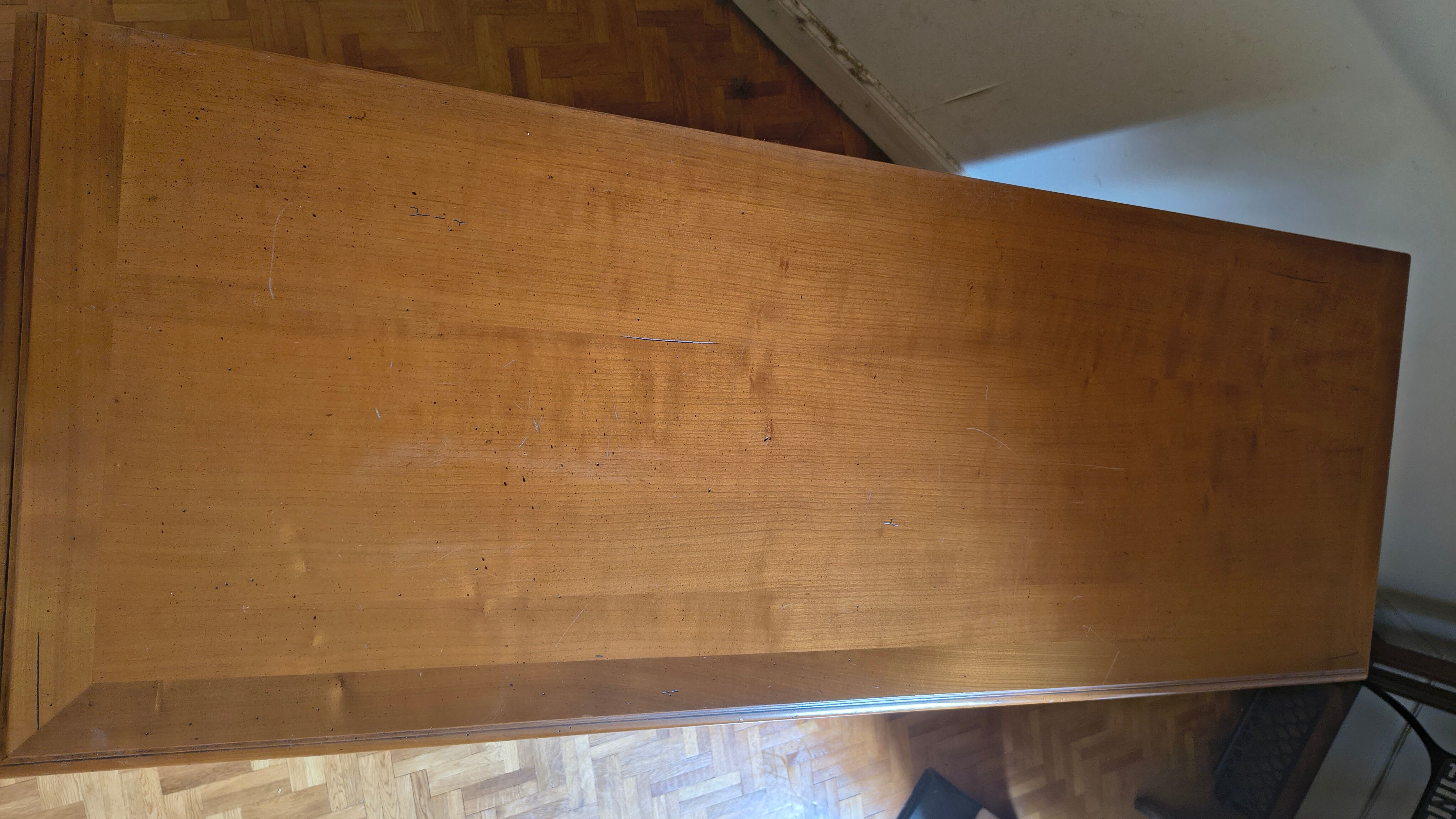 Low sideboard storage in solid cherry wood, Louis Philippe style.
