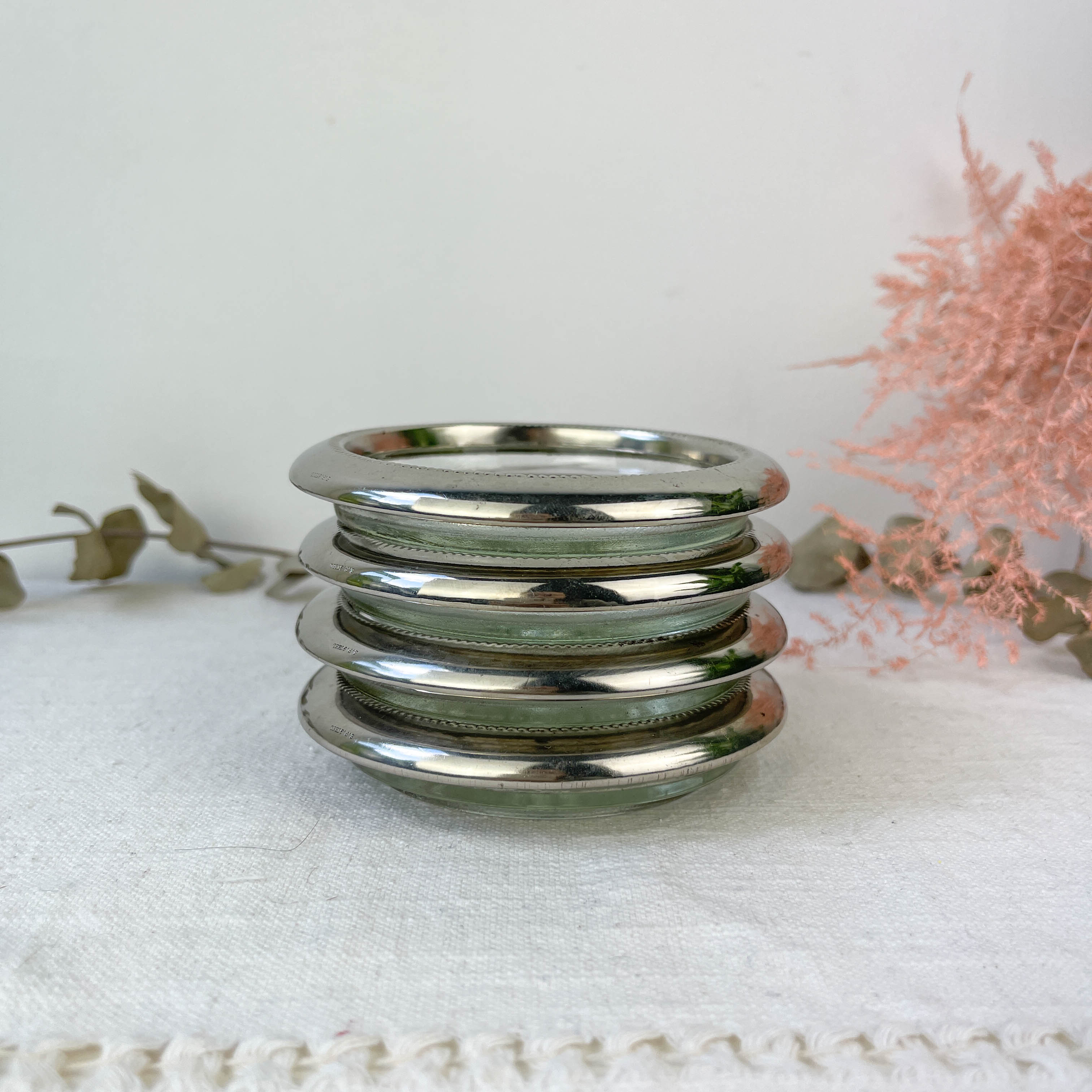 4 vintage glass coasters in glass and silver metal Leonard Silverplate style