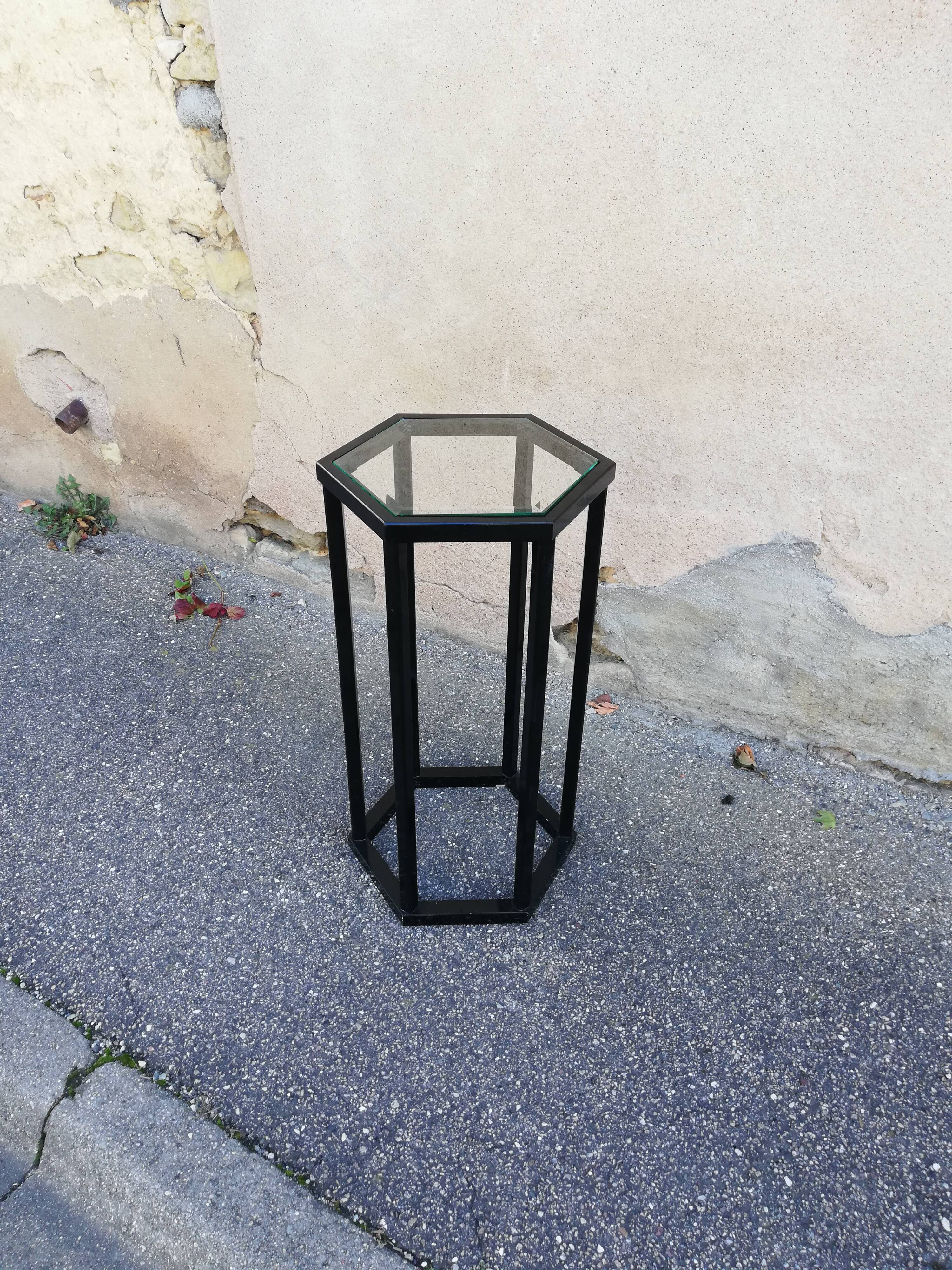 Vintage pedestal table wood and glass