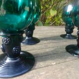 Six Roemer glasses in green blown crystal with "pastilles" decoration