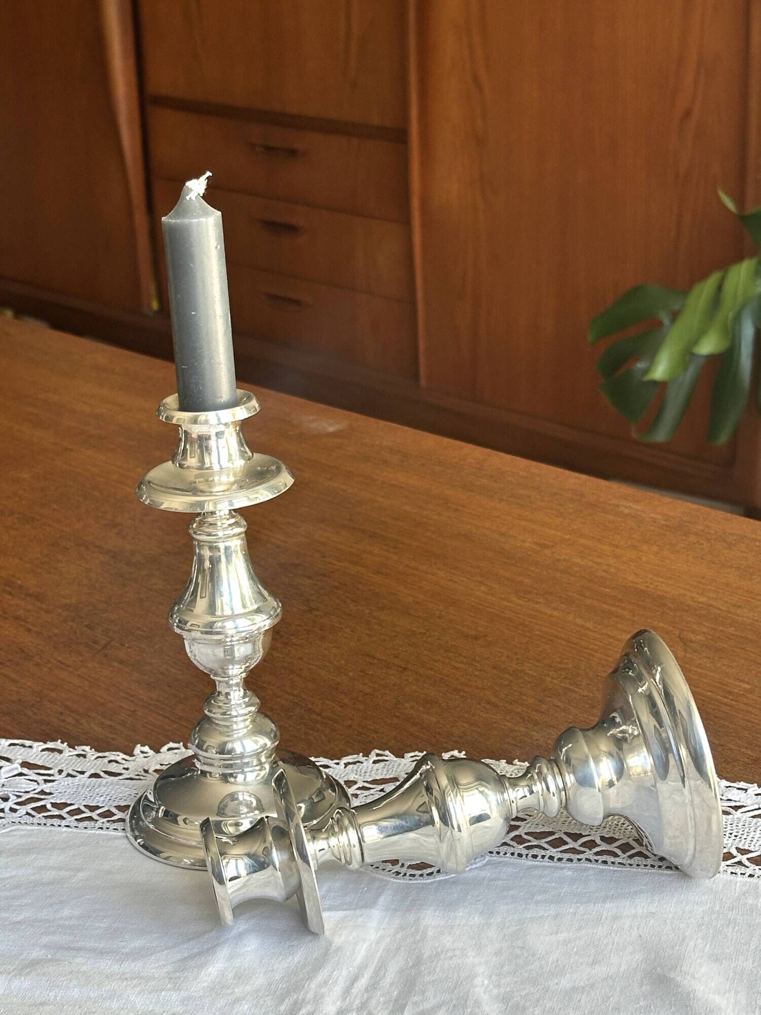 Pair of silver-plated candlesticks, silversmith Meurgey in Paris.