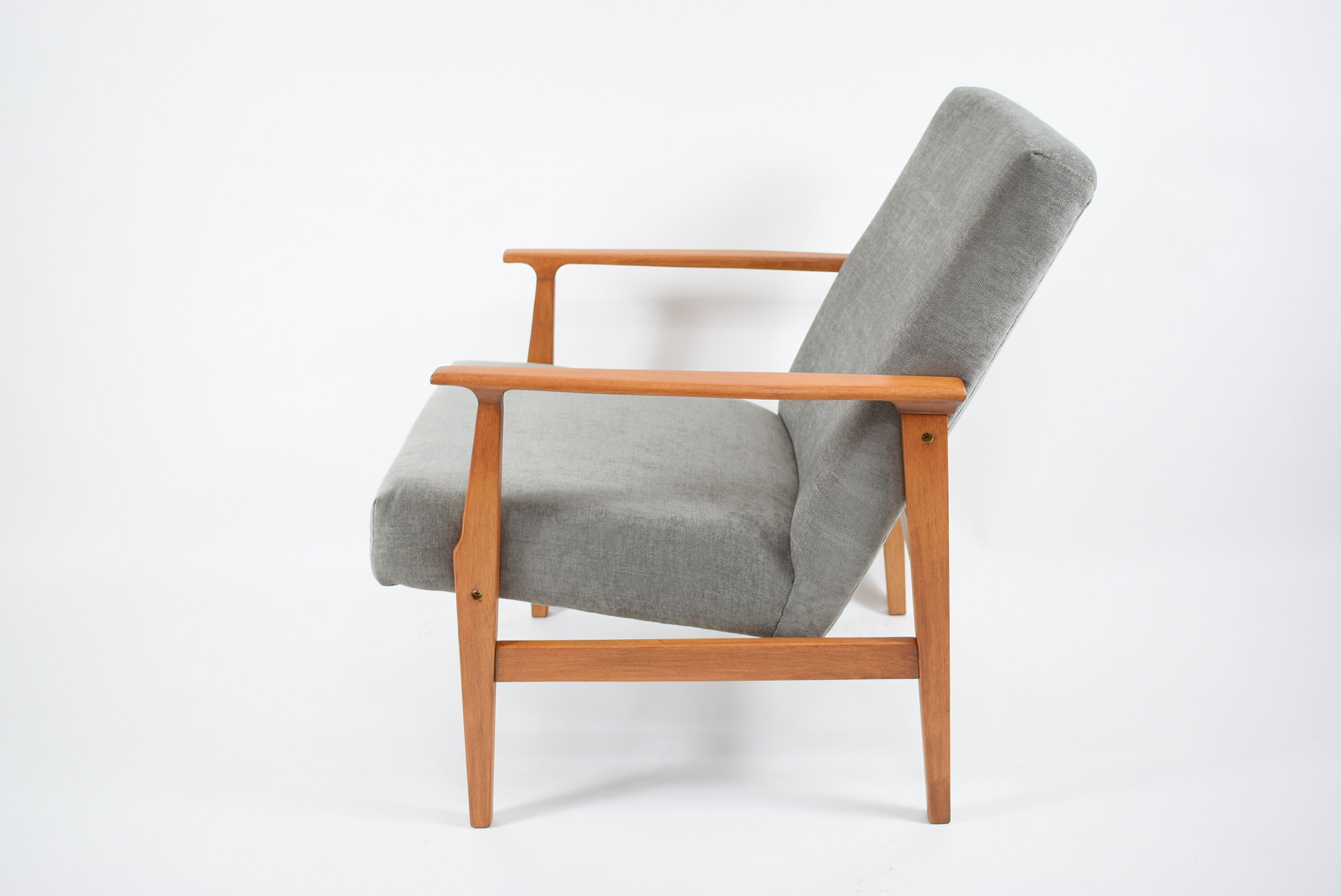 Vintage polish armchair, restored, 1960s, grey fabric, teak